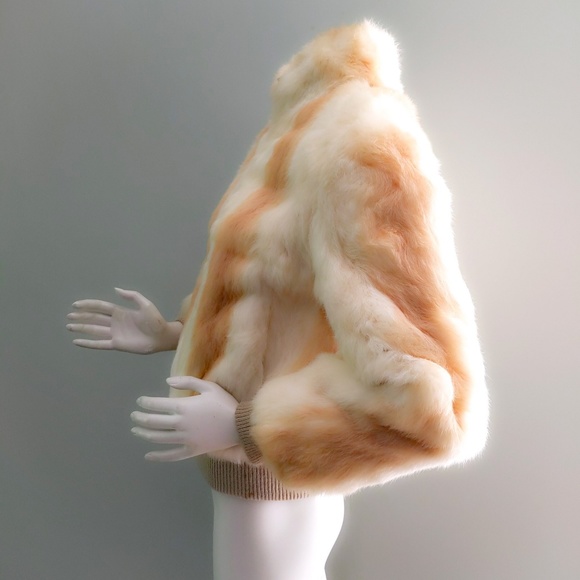 Vtg 80s Rabbit Fur Striped Bomber Zipper Jacket L - Picture 3 of 6